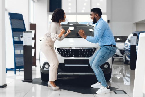 Happy couple in front of car